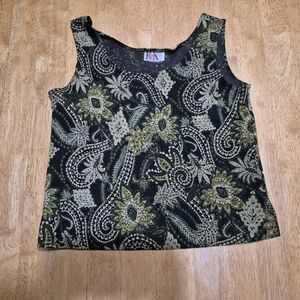 EUC VINTAGE r&k Black and Green Paisley  Floral Top Blouse Shirt